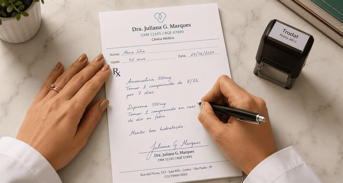 Receituário médico personalizado com nome do médico, CRM, RQE e carimbo — impresso pela Adesivos do Edu